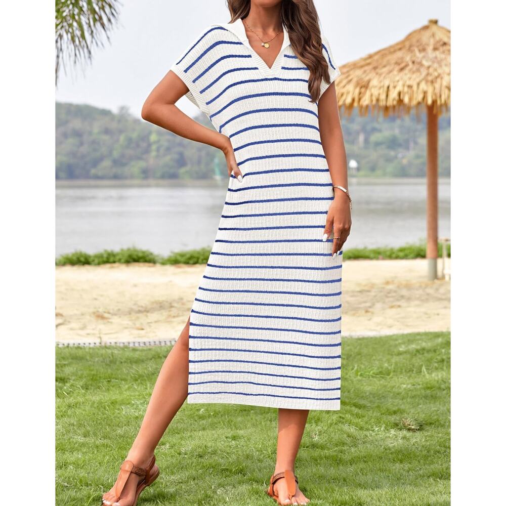 ZESICA Striped Knit Midi Sweater Dress V-Neck Short Sleeve Side Slit | Small
